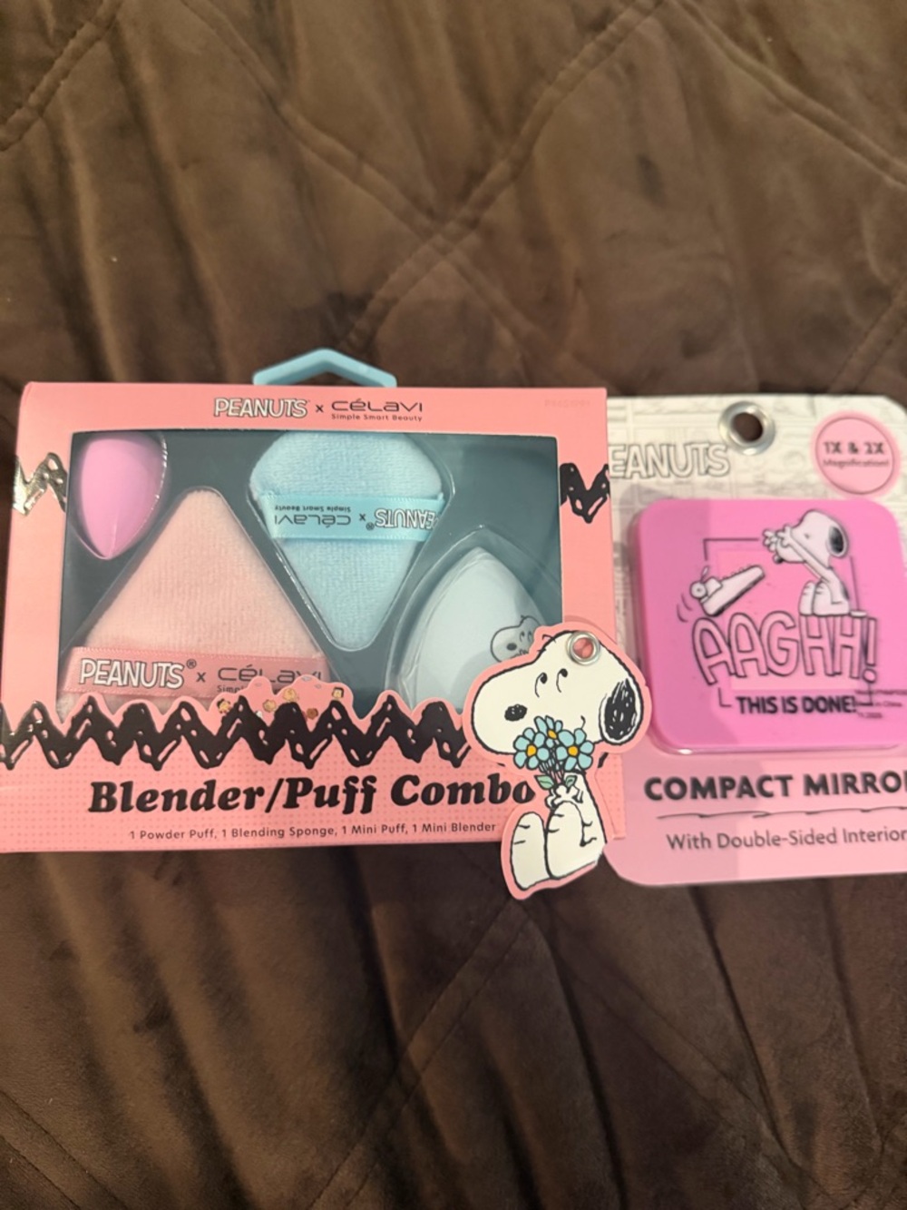 Peanuts Blender & Puff Combo - Pink & Light Blue and a compact Mirror